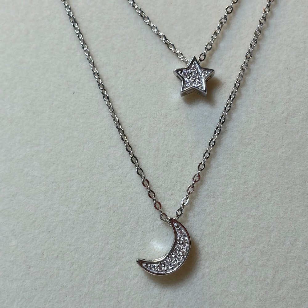Sterling Silver 925 Layered Celestial Star and Crescent Moon Necklace Moissanite